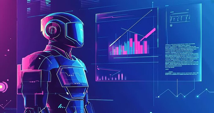 Futuristic robot analyzing data in a vibrant setting