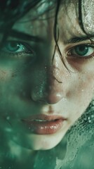 Close-up portrait of a young woman, intense gaze, sweat-covered face, and wet hair