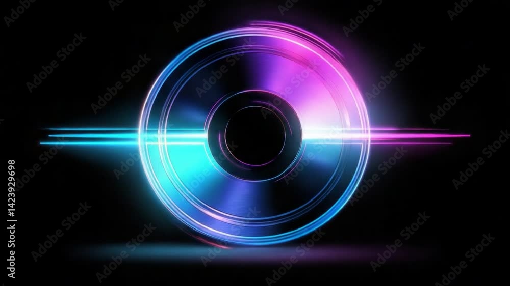 Poster futuristic abstract circular design with neon colors and light effects on a dark background