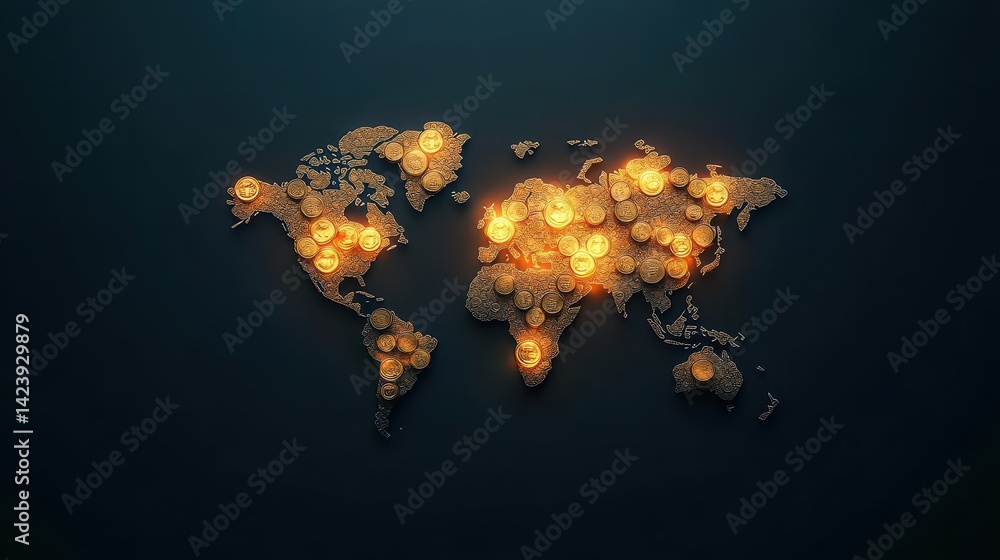 Poster illuminated world map displaying cities and regions with bright lights creating a global connection 