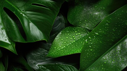 Lush green leaves, water droplets, tropical foliage