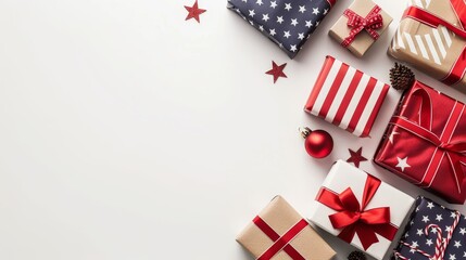 Fototapeta premium Independence day symbols flag, stars, and stripes on souvenirs against a bright background
