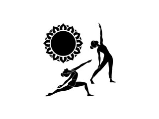 Fototapeta premium Silhouette whit people Practicing a Yoga Stretch, International Yoga Day silhouette of a person in a yoga pose, A simple, black silhouette of a person performing a yoga pose, likely Parivrtta Parsvako