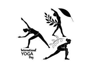 Yoga poses under a lush tree, promoting wellness and mindfulness. A serene, black and white graphic design showcasing three people in various yoga poses against a backdrop of a crescent moon and stars