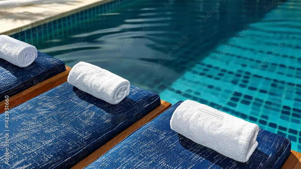Poster loungers with neatly rolled towels welcome guests to unwind by the shimmering pool on a sunny day in