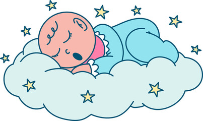 Cute Sleeping Baby on a Cloud with Stars
