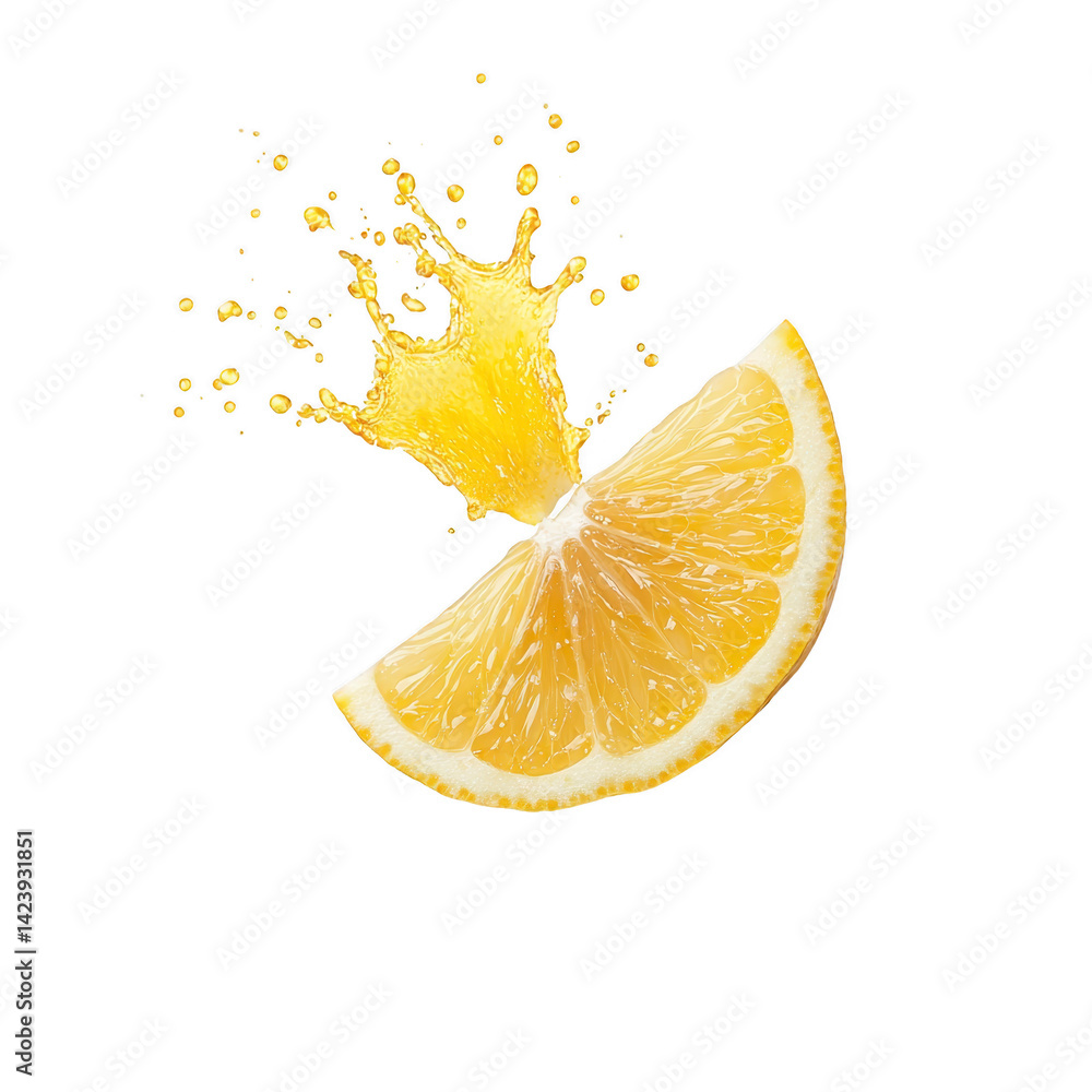 Poster vibrant lemon slice splashes juice against transparency background, capturing freshness and zest of 