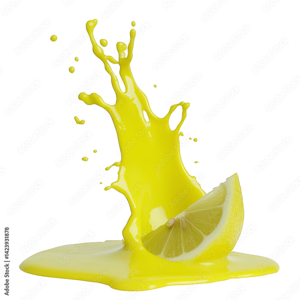 Poster vibrant splash of yellow liquid erupts around fresh lemon slice, creating dynamic and refreshing sce