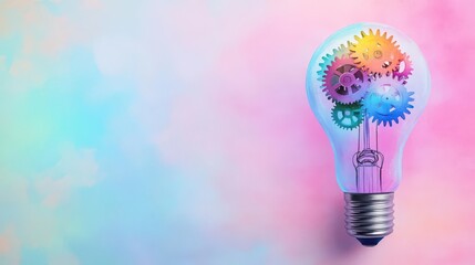 Illuminating Concept of Innovation and Creativity Represented by a Light Bulb Filled with Intricate Gears Symbolizing Ideas and Mechanisms Working Together