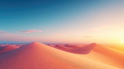 Expansive Desert Landscape Showcasing Majestic Sand Dunes Glowing Under Bright Sunlight with Clear Blue Sky Creating a Warm and Inviting Atmosphere