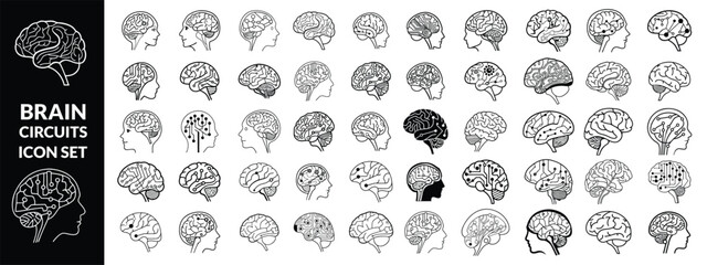 brain circuits icon set, illustration of brains in vector, black and white shapes of brain in vector ,Brain circuits