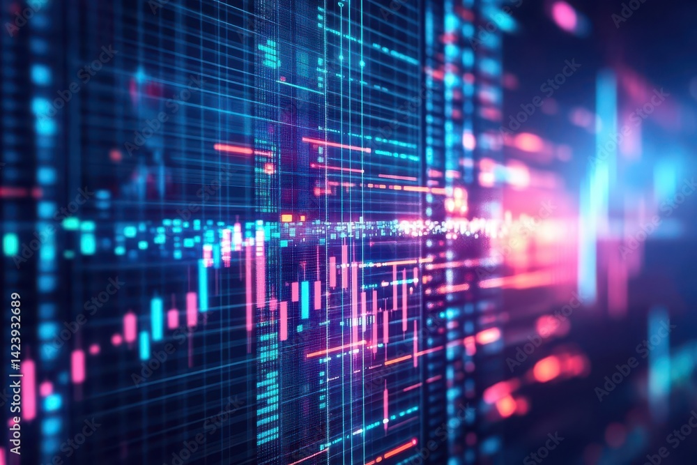 Poster vibrant digital background featuring colorful lines flowing across a deep blue canvas creating a dyn