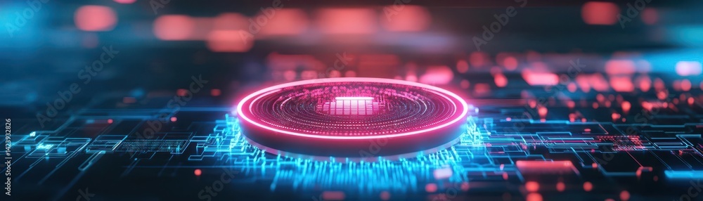 Poster vibrant red and blue circuit design with intricate patterns and abstract background creating a dynam