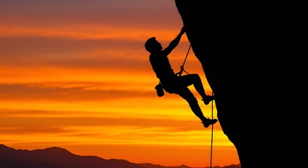 Rock Climber Silhouette with Sunset Background