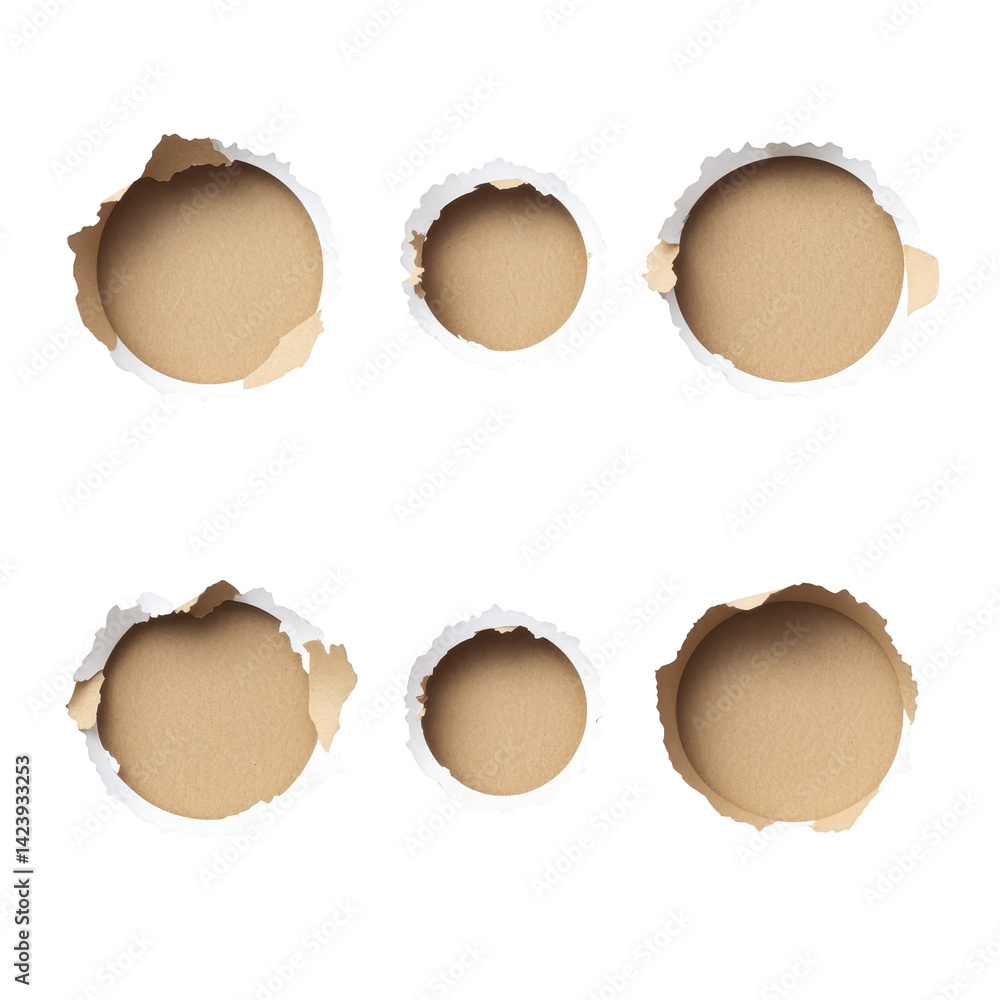 Poster torn paper holes of various sizes on transparency background create textured effect, revealing brown