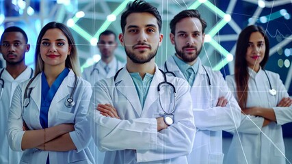 A diverse group of doctors stands with arms crossed, showcasing unity and professionalism in a cutting-edge medical environment. The focus is on their expertise and commitment to healthcare.
