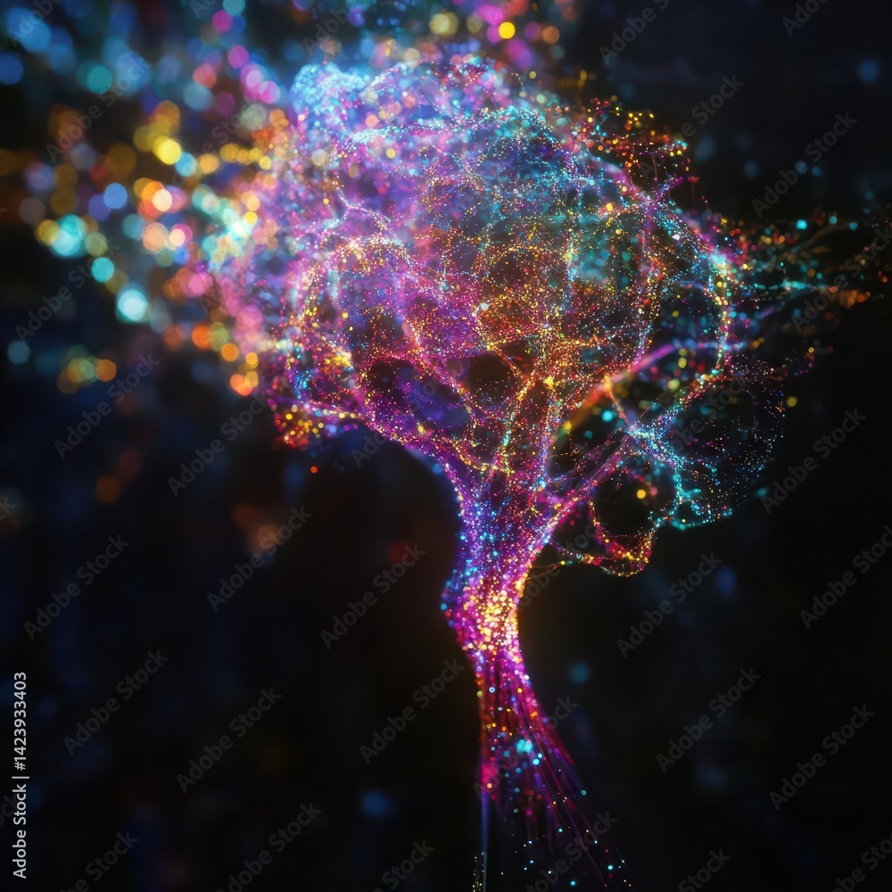 Poster enchanting tree illuminated by vibrant colorful light creating a magical atmosphere in a mystical fo