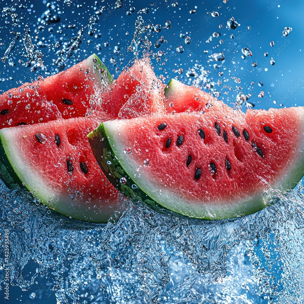 Poster refreshing slices: capturing the essence of watermelon in a splash of coolness