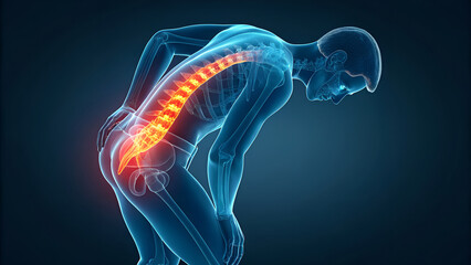 Human figure with back pain highlighted in orange and red against a blue background