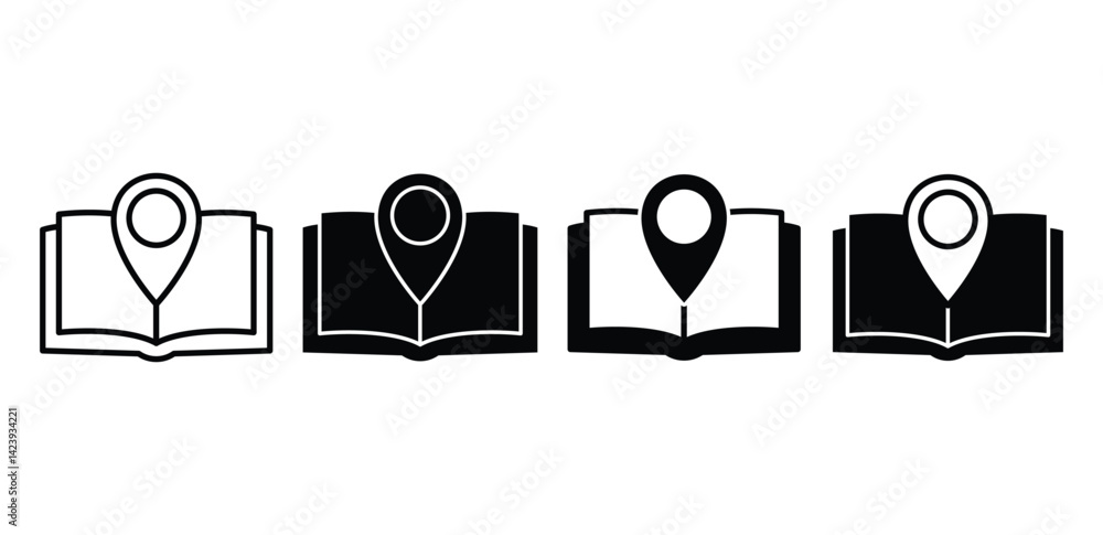 Aufkleber map guide icon set black and white open book with location pin vector design