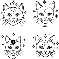 Mystical cat faces with celestial stars black and white outlines