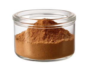 Glass jar filled with finely ground cumin on transparent background