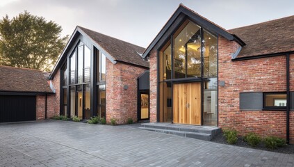 Obraz premium Modern Brick House Design: Large Windows & Stylish Wooden Door Entrance, Features Brick Exterior & Contemporary Architecture.