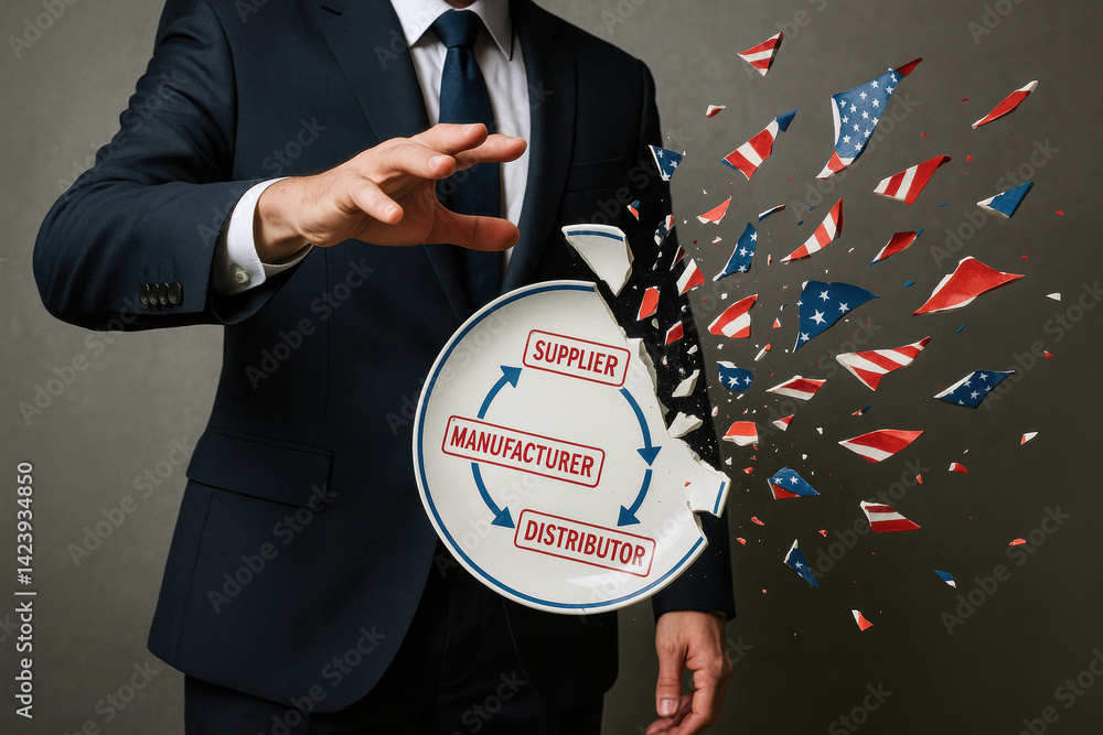 Poster a business strategy visual depicts a shattering supply chain diagram representing challenges in deci