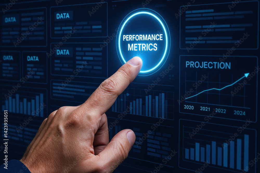 Poster a hand interacts with a touchscreen displaying performance metrics and data projections symbolizing 