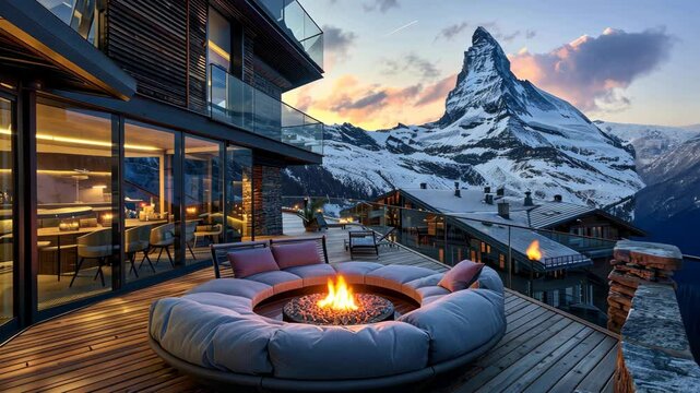 Enjoy a relaxing evening by the fire with breathtaking views of the Matterhorn in Zermatt, Switzerland, as the sun sets