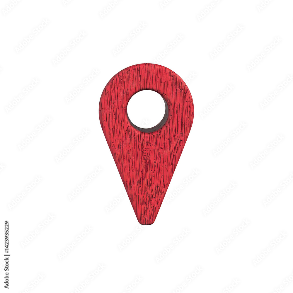 Poster red wooden location pin with textured surface, symbolizing navigation and direction. pin has circula