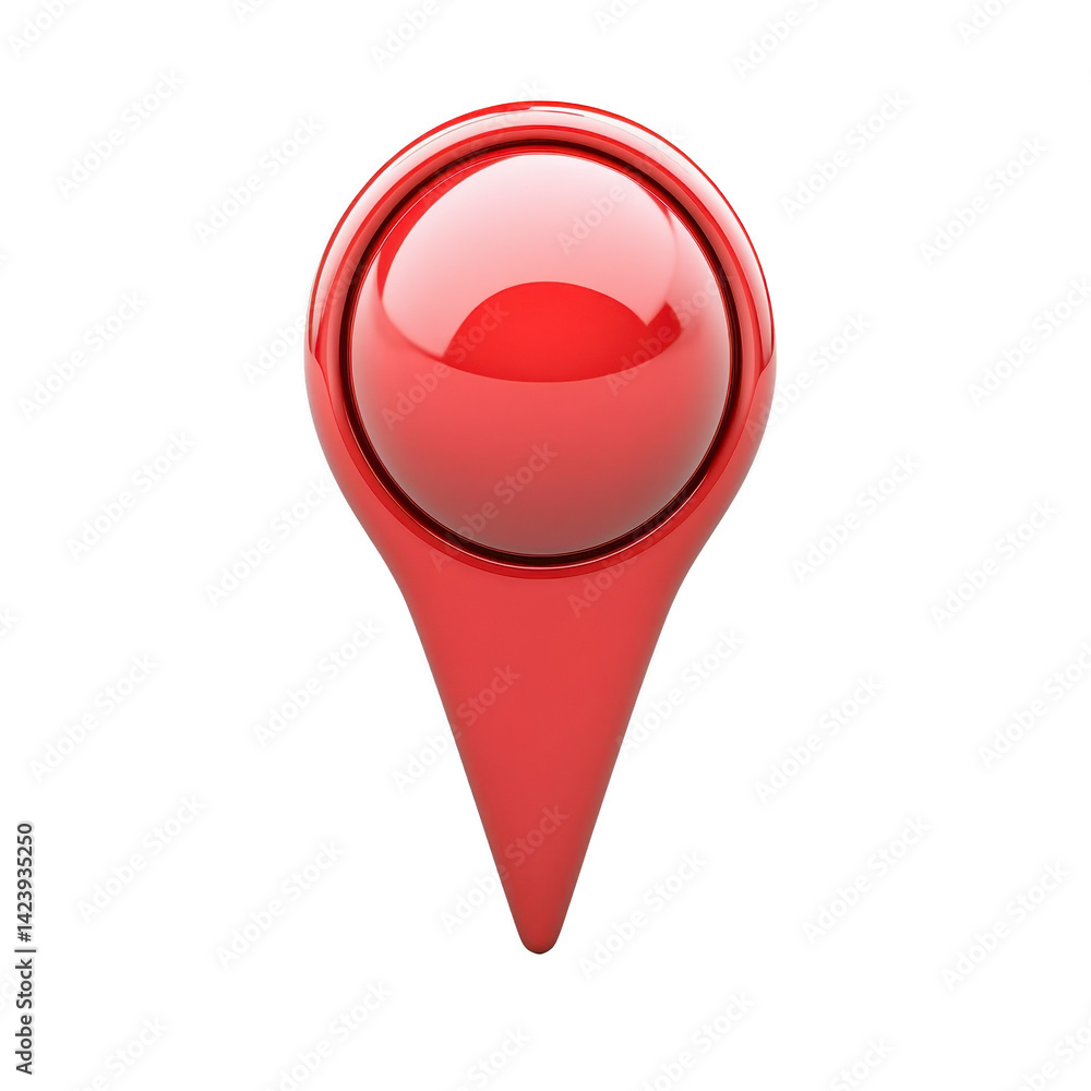 Poster shiny red map pin icon with glossy finish, isolated on transparency background, symbolizing location
