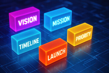 A radiant arrangement illuminated cubes symbolizes strategic business decision prioritizing vision mission timeline and launch for growth and innovation
