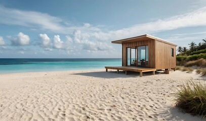 Obraz premium A tiny minimalist beach cabin with wooden deck opens to white sand and ocean view. Peaceful, secluded, and styled with natural tones in a tropical, realistic photo setting.