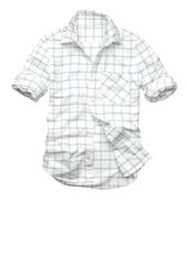 This isolated blue plaid shirt is a casual cotton garment with a checkered pattern and long sleeves, suitable for everyday wear