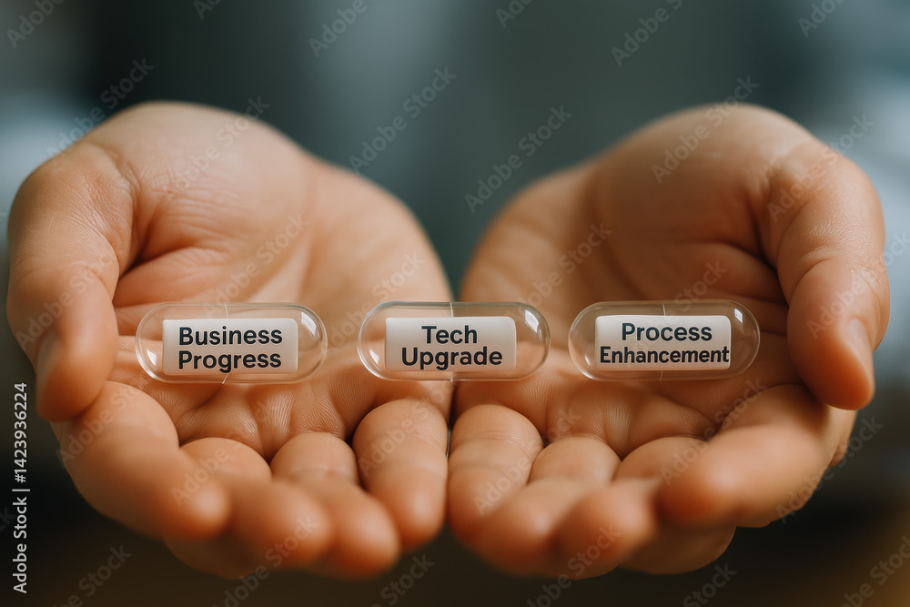 Poster hands hold three capsules labeled business progress tech upgrade and process enhancement symbolizing