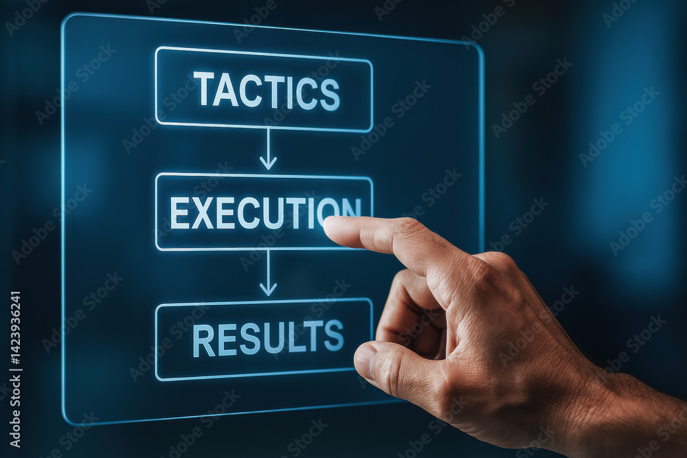 Poster a hand interacts with a transparent digital interface illustrating the from tactics through executio