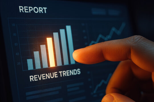 A closeup a hand interacting with a glowing bar graph shows strategic revenue trends highlighting business decision and growth insight