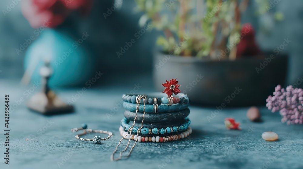 Poster elegant stack of colorful bracelets displayed artfully with a bright red flower in the background en