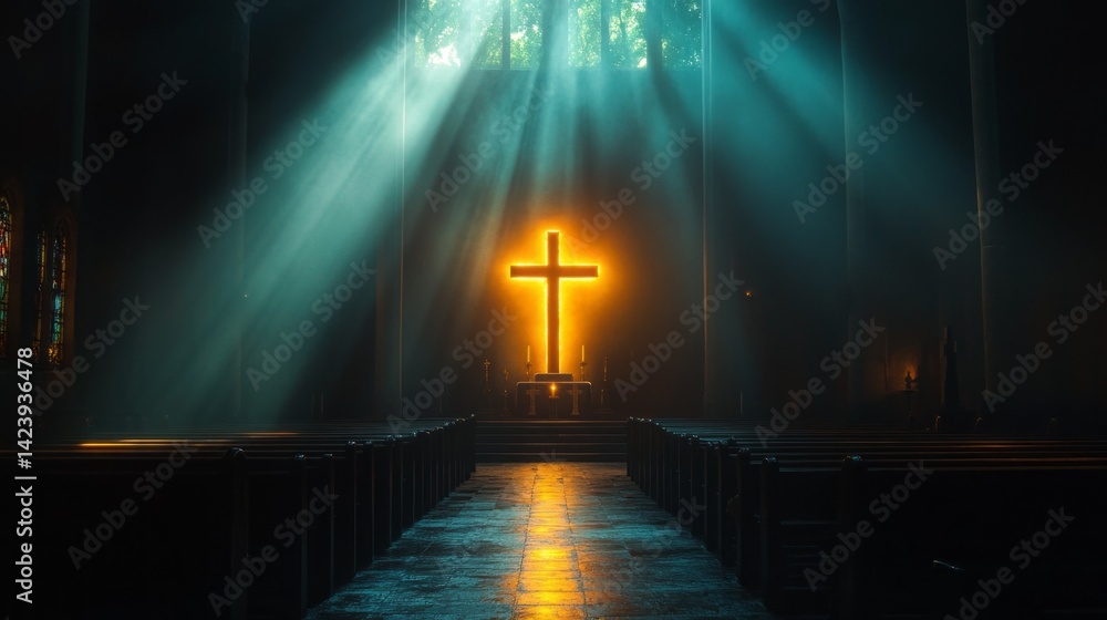 Poster Rays of sunlight filter through stained glass, creating a heavenly glow around a towering cross. The serene atmosphere inspires deep contemplation within the sacred space.