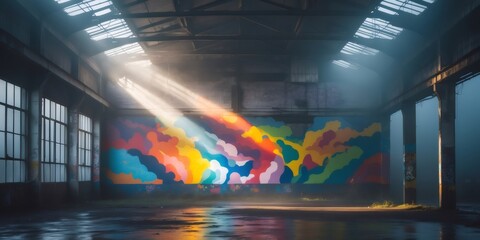Sunbeams filtering through broken roof illuminating colorful mural painted on wall in abandoned warehouse