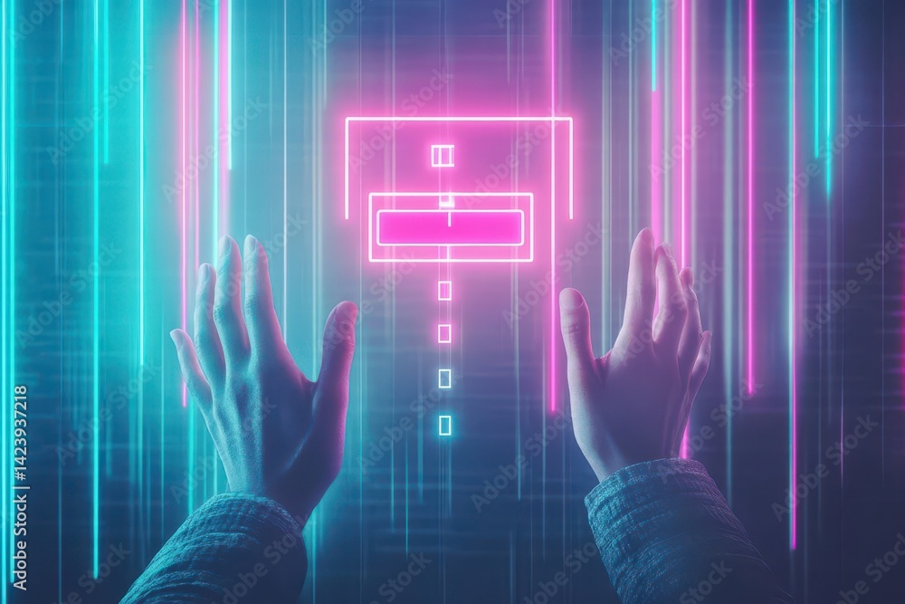 Poster hands reaching to touch a colorful block against a vibrant neon background creating an engaging and 