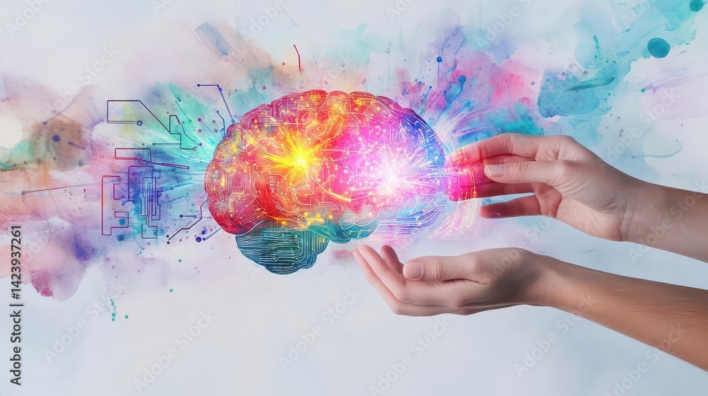 Aufkleber two hands gently cradling a colorful brain covered in vibrant paint splashes symbolizing creativity 