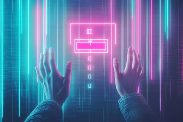 Hands Reaching to Touch a Colorful Block Against a Vibrant Neon Background Creating an Engaging and Playful Visual Experience in Modern Art