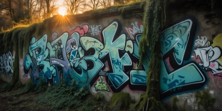 Colorful graffiti characters cover an old wall partially taken over by vegetation, illuminated by sunlight