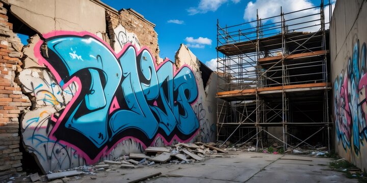 Large graffiti piece decorating a broken wall of an abandoned building with scaffolding, probably under renovation - Powered by Adobe
