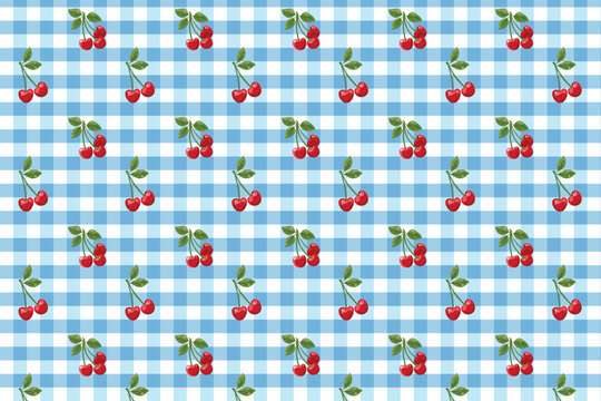 Blue Gingham Cherries Pattern Background