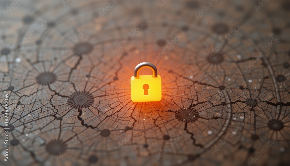 Poster securing digital assets lock symbol representing cybersecurity on a cracked network map background