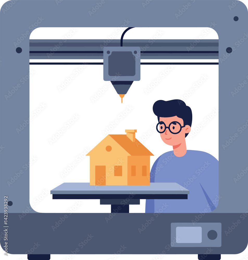 Poster 3d printer creating house model with man observing innovative technology process