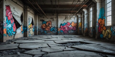 Spray paint graffiti art covering broken walls in an abandoned decaying factory